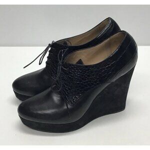 Longchamp 166077 Black Leather Crocodile Wedge Booties Women’s Size 41 US 10